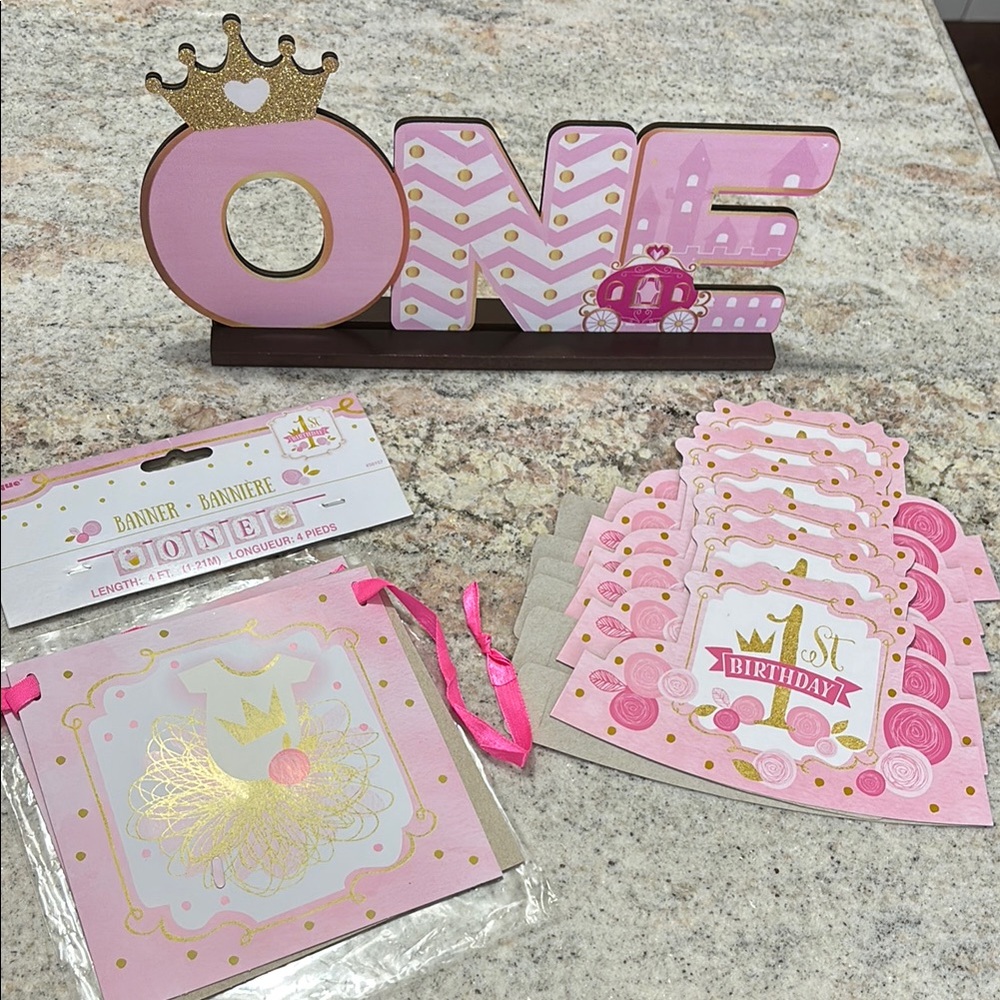 10/$30 Baby Girl 1st Pink and Gold Birthday Party Supplies Set